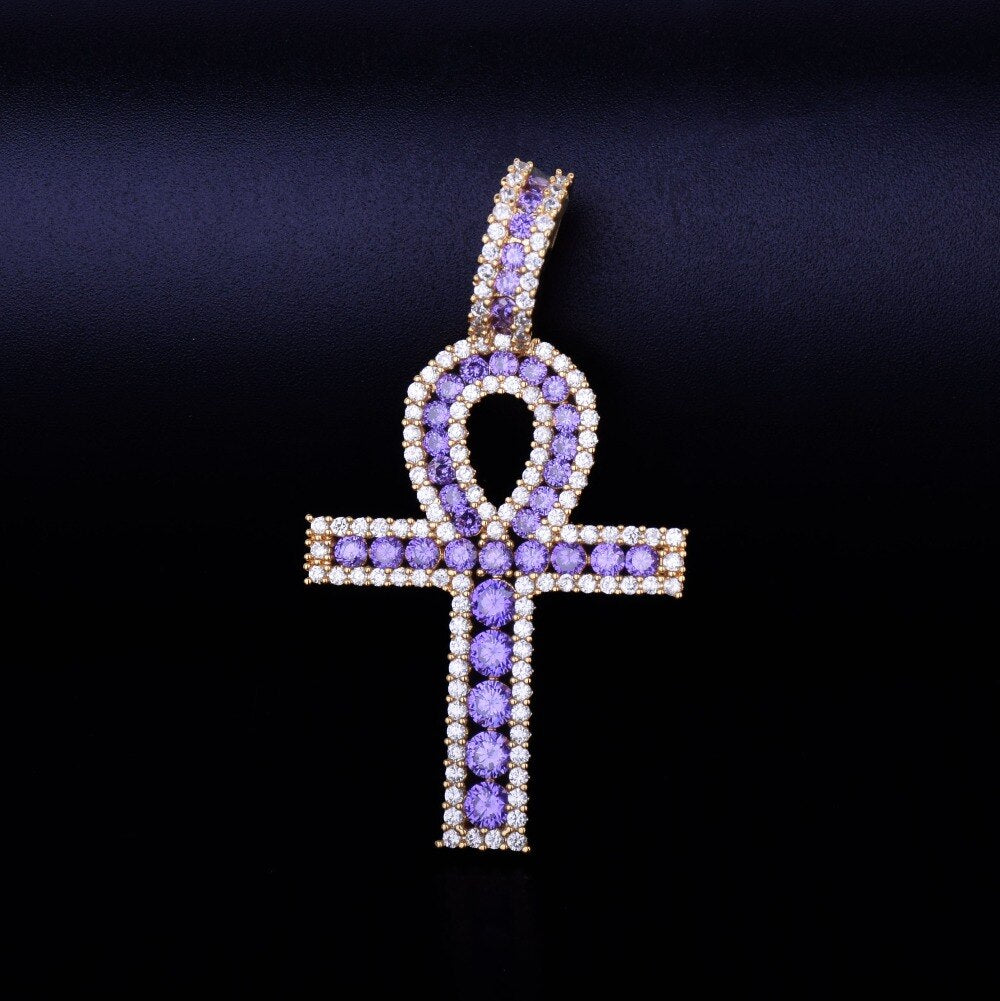 Ankh Cross Pendant Gold Color Copper Material Iced Zircon