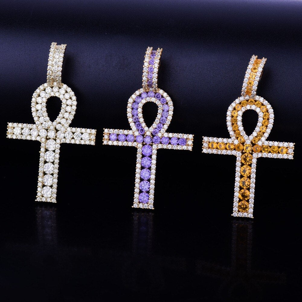 Ankh Cross Pendant Gold Color Copper Material Iced Zircon