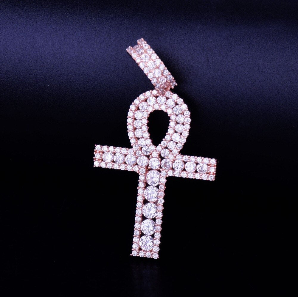 Ankh Cross Pendant Gold Color Copper Material Iced Zircon