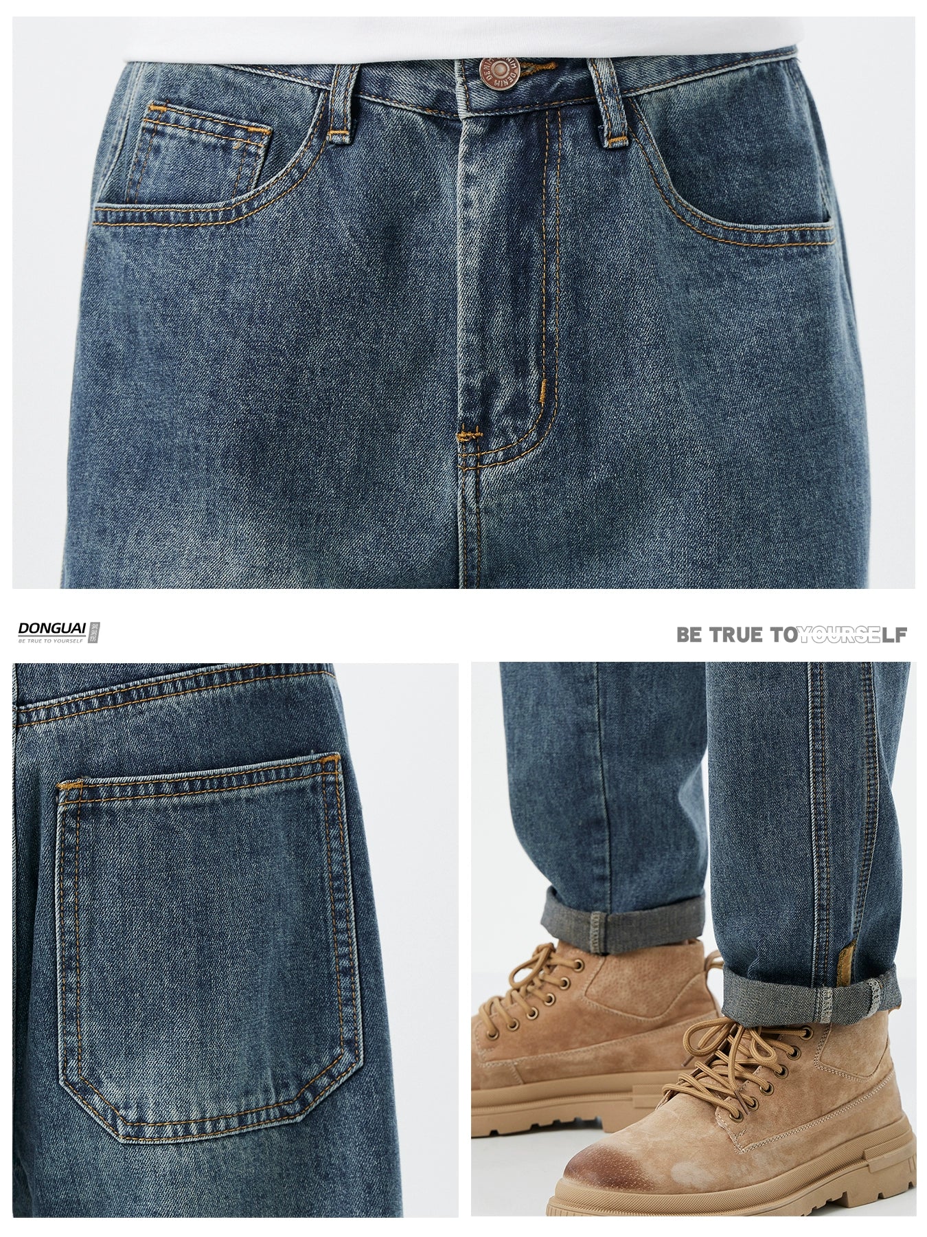 Trendy Japanese Style Washed Straight Blue Jeans