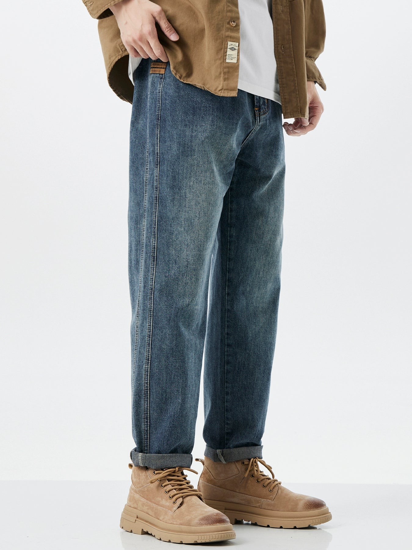 Trendy Japanese Style Washed Straight Blue Jeans