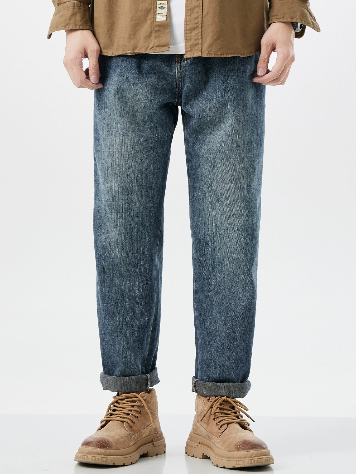 Trendy Japanese Style Washed Straight Blue Jeans