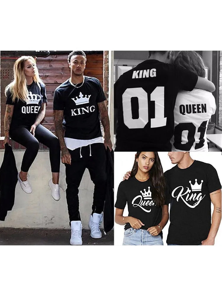 KING QUEEN Letter Crown Printed Black White T shirts