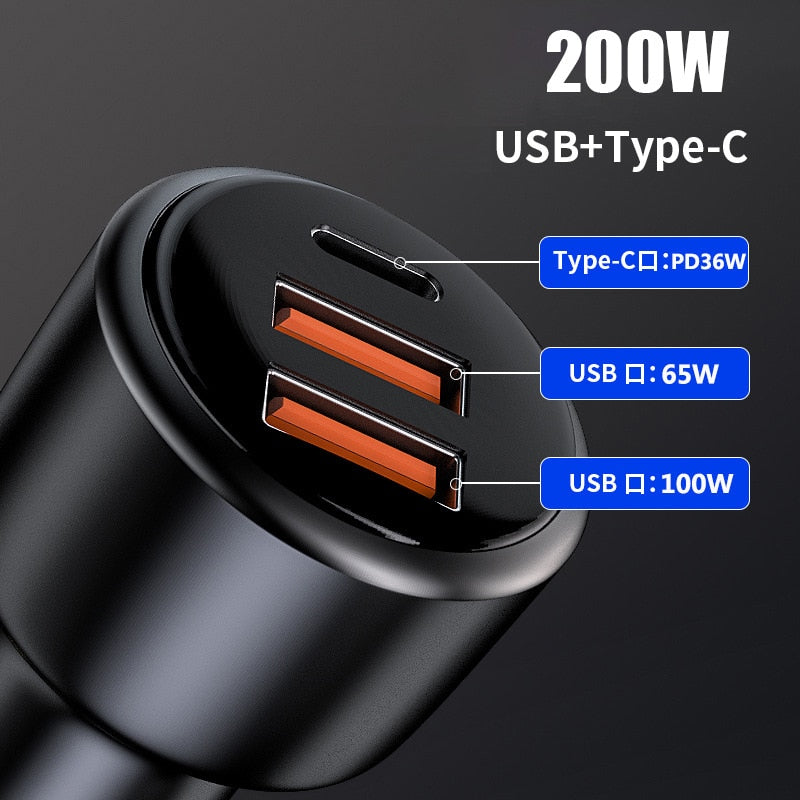 200W USB PD 36W Car Charger Super Fast Charger2.0 100W 65W