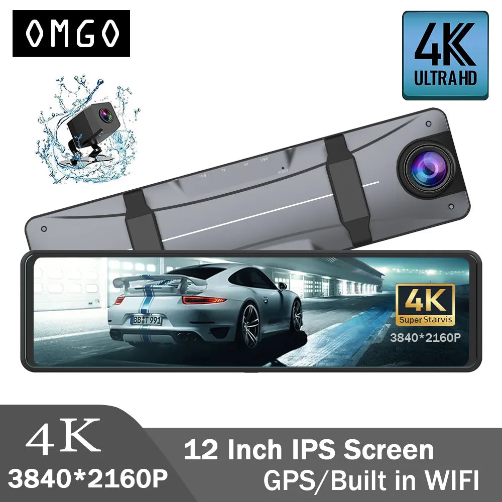 Dash Cam 12 Inch 4K GPS WIFI Car Dvr Mirror Dual Lens Dashcam IPS Screen Car Camera Drive Recorder Stream RearView Mirror